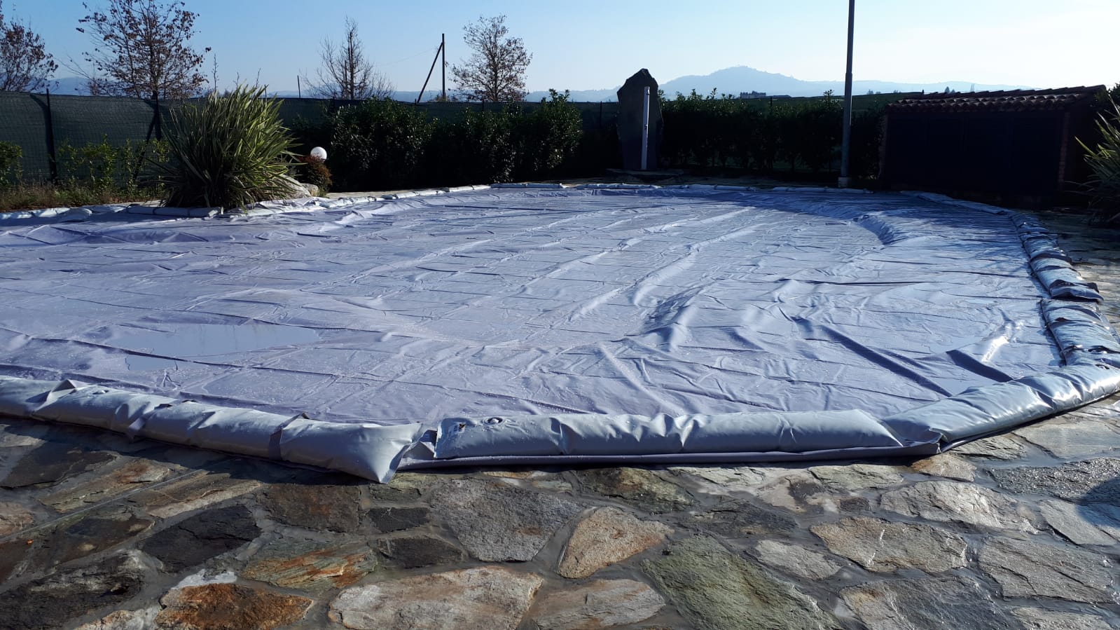 Telone Copertura Piscina Achtform 5,40x3,50m - 1360g/m², PVC Premium Made In Germany, Grigio RAL7037, Con Occhielli E Valvola